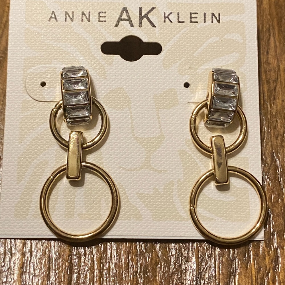 Anne Klein Drop Dangle Gold Tone & Rhinestone Earrings